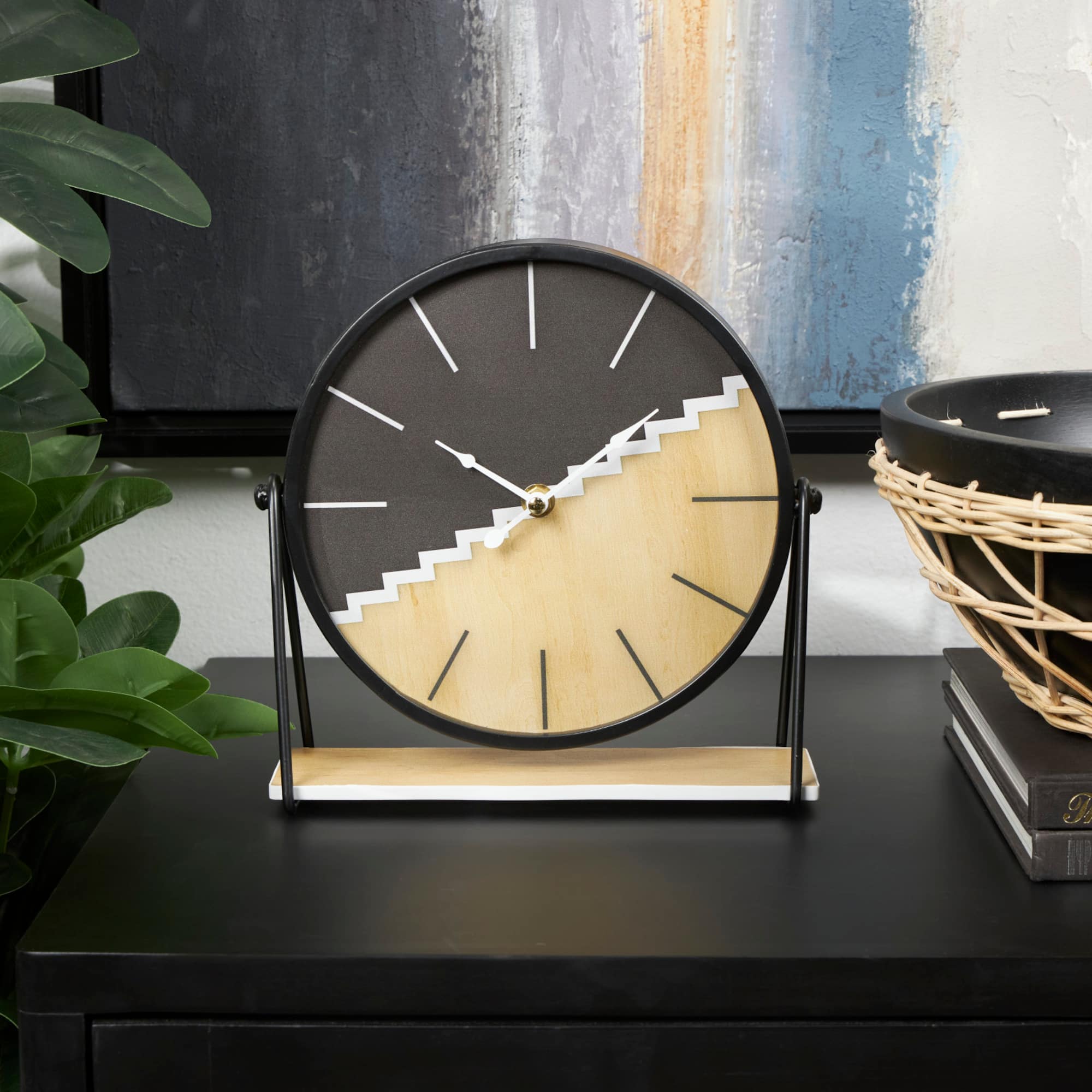 9" Black Metal Geometric Clock with Faux Wood Accents